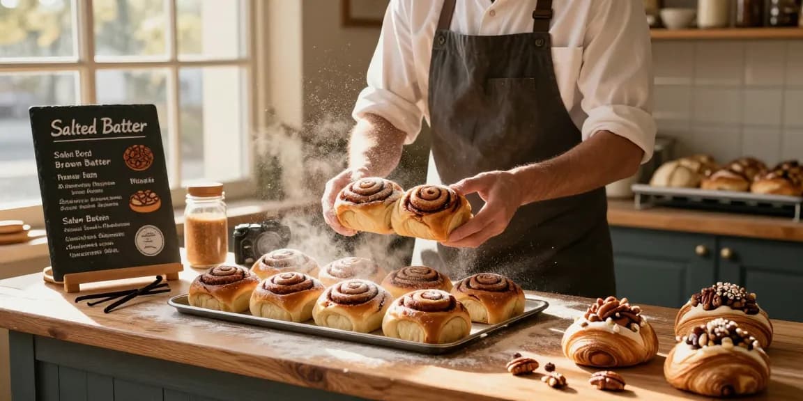 Freshly baked cinnamon buns showcased in a warm bakery setting, emphasizing artisanal pastries in Calgary.