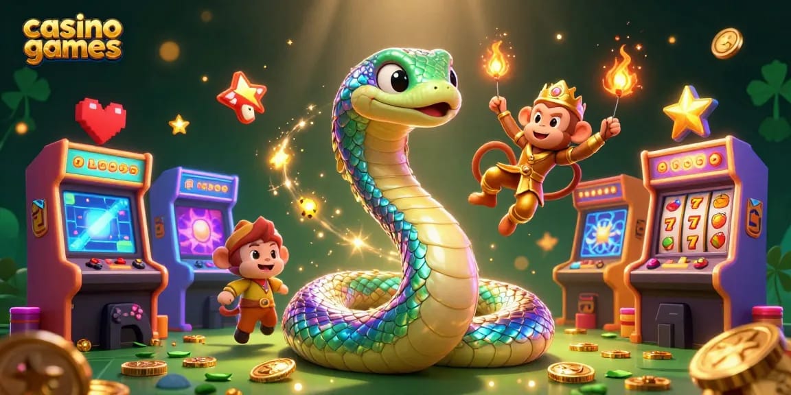 Engage with casino games featuring a vibrant scene of a serpent and monkey surrounded by arcade machines.