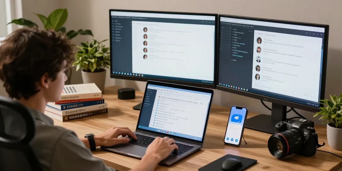 Setting up Telegram Chinese interface on a laptop in a tech workspace.