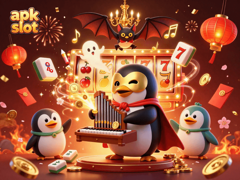 Engage with the thrilling apk slot experience featuring a penguin playing organ surrounded by vibrant casino elements.