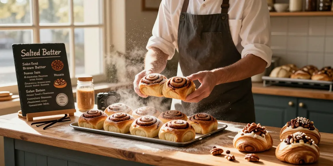Freshly baked cinnamon buns showcased in a warm bakery setting, emphasizing artisanal pastries in Calgary.