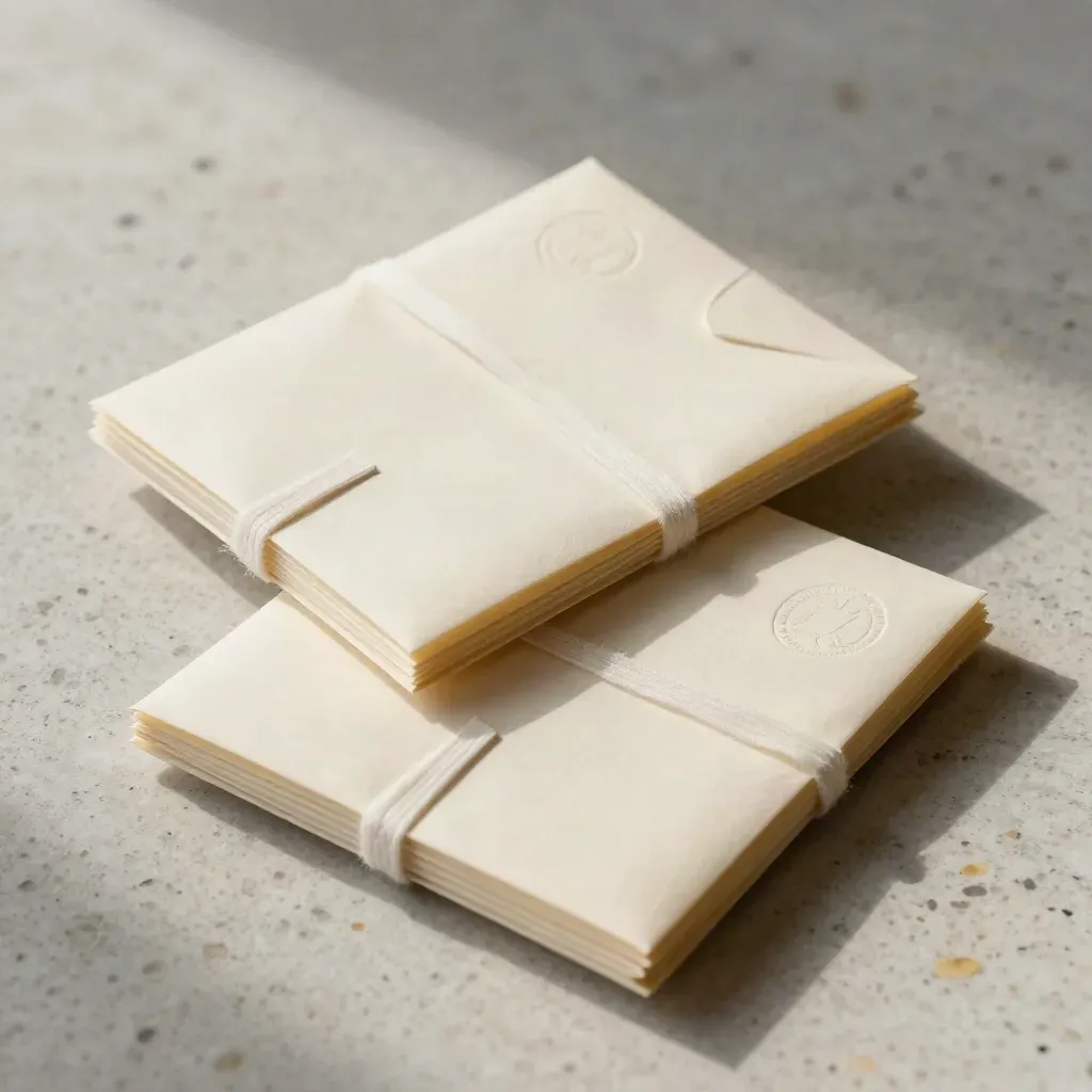 Two certified-copy packets tied with ribbon, raised seal, on travertine under warm daylight.