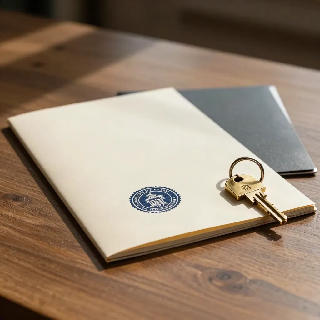 Stamped mortgage true-copy packet beside keys and a sealed closing folder on polished oak.