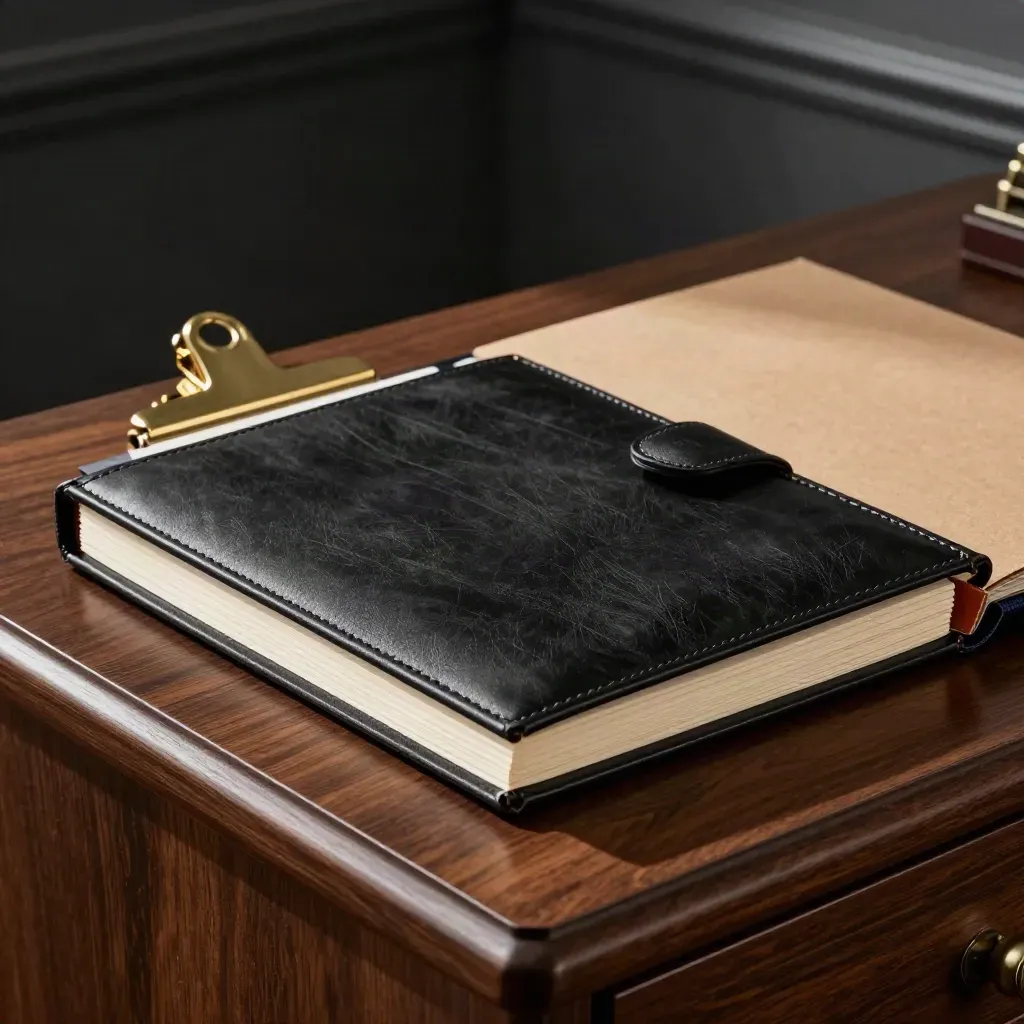 Closed power-of-attorney packet on dark walnut, leather wallet and brass clip in dramatic legal-office light