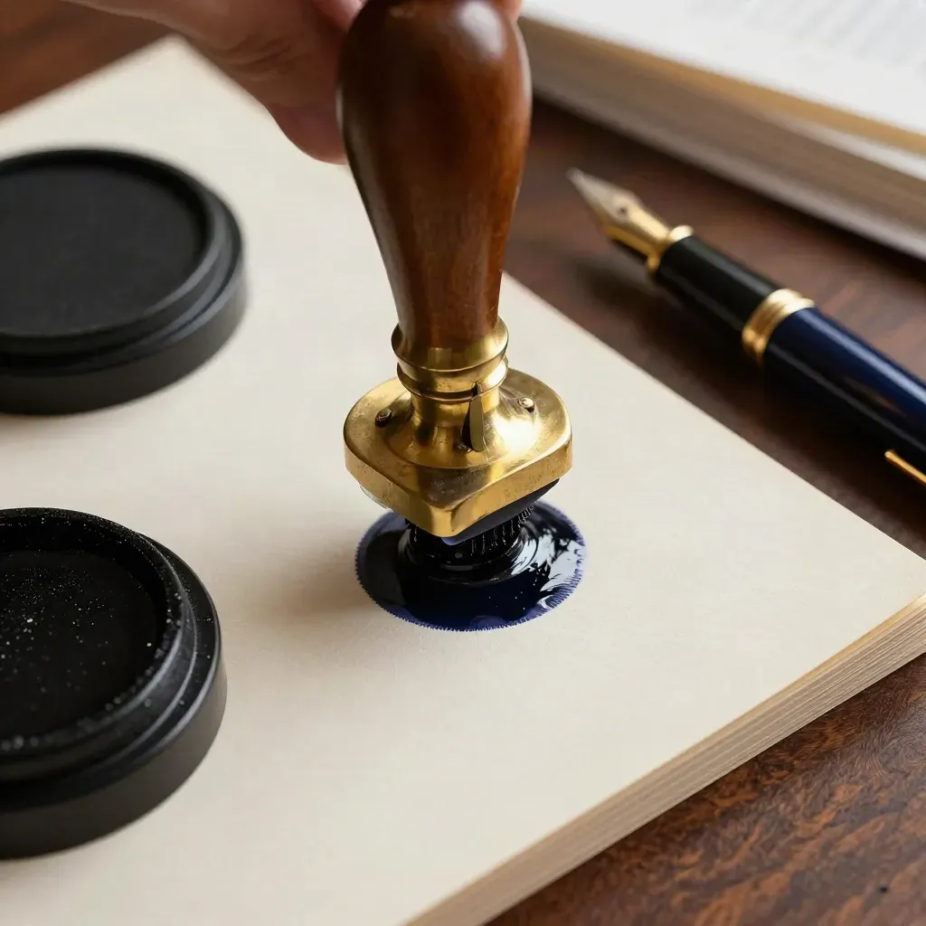 Brass embosser, seal pad and navy fountain pen on walnut, macro-lit after a fresh press.