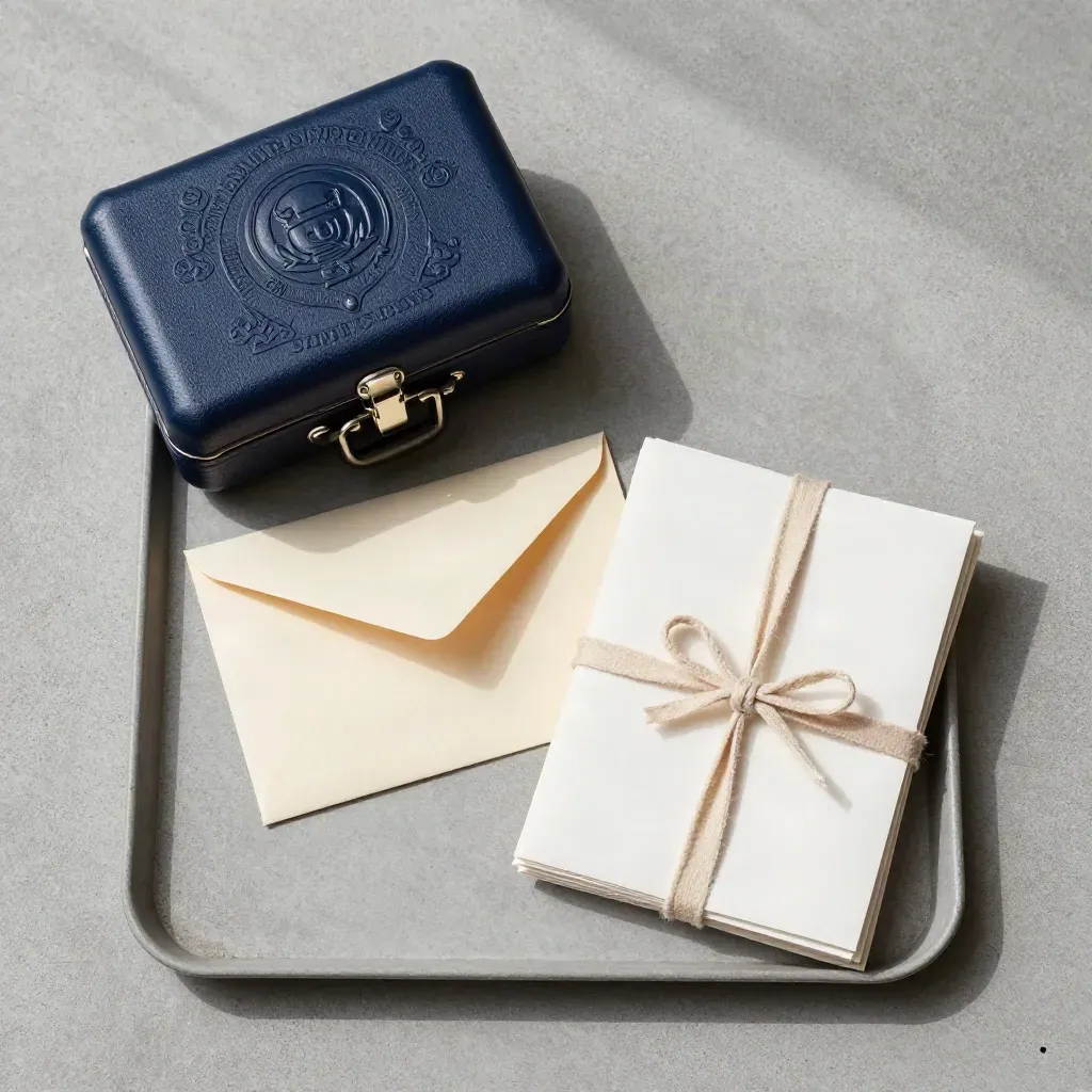 Overhead flatlay of a seal case, envelope, and ribbon-tied certified copies on concrete.