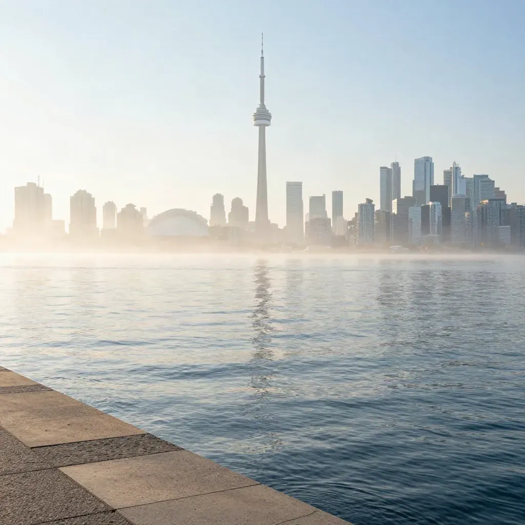 Toronto skyline and CN Tower above misty harbour water at sunrise