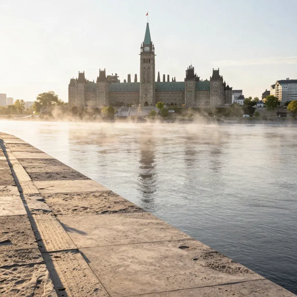 Parliament Hill above the Ottawa River in golden fog, broad pale stone banks below
