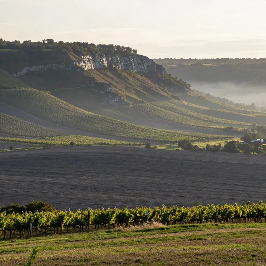 Niagara Escarpment at dusk above hazy vineyard slopes and muted treeline.