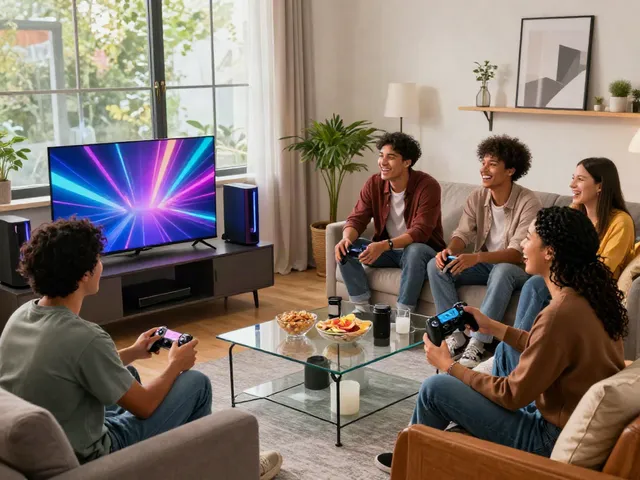 Friends enjoying gaming night with ROKOK88 brand elements in cozy urban apartment.