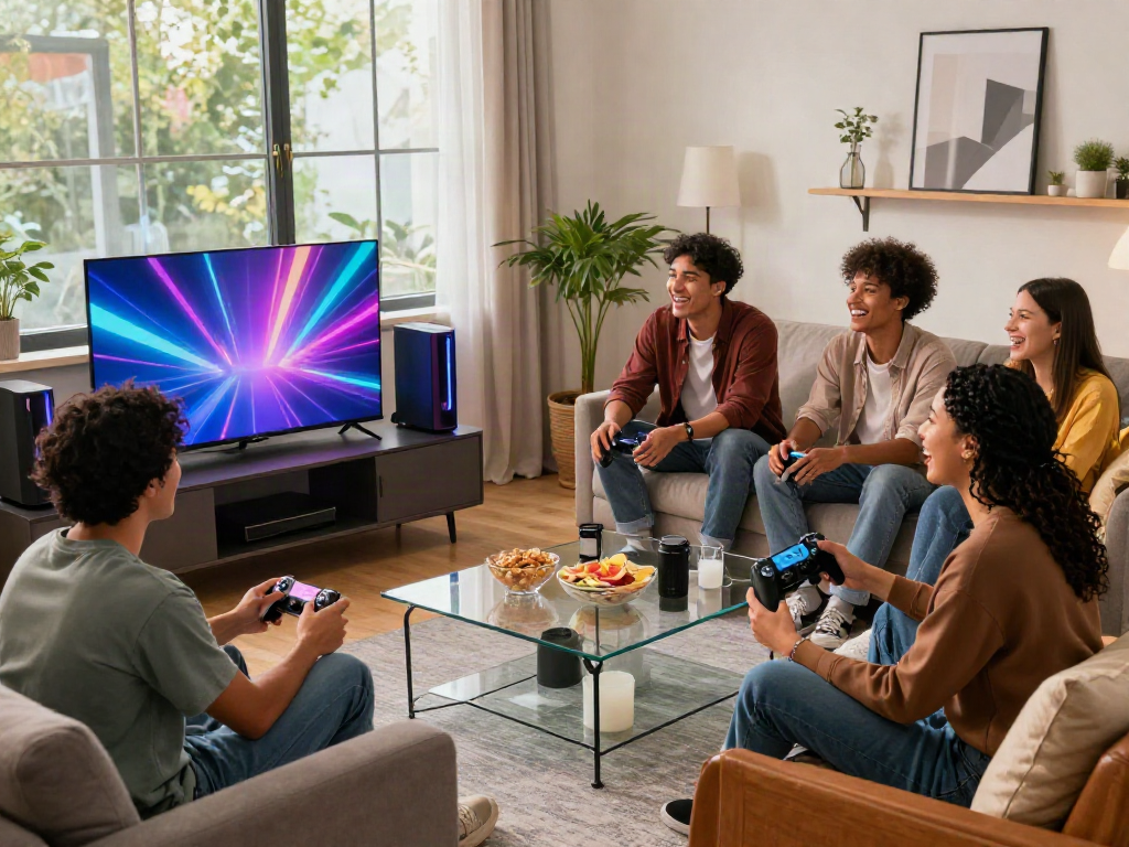 Friends enjoying gaming night with ROKOK88 brand elements in cozy urban apartment.