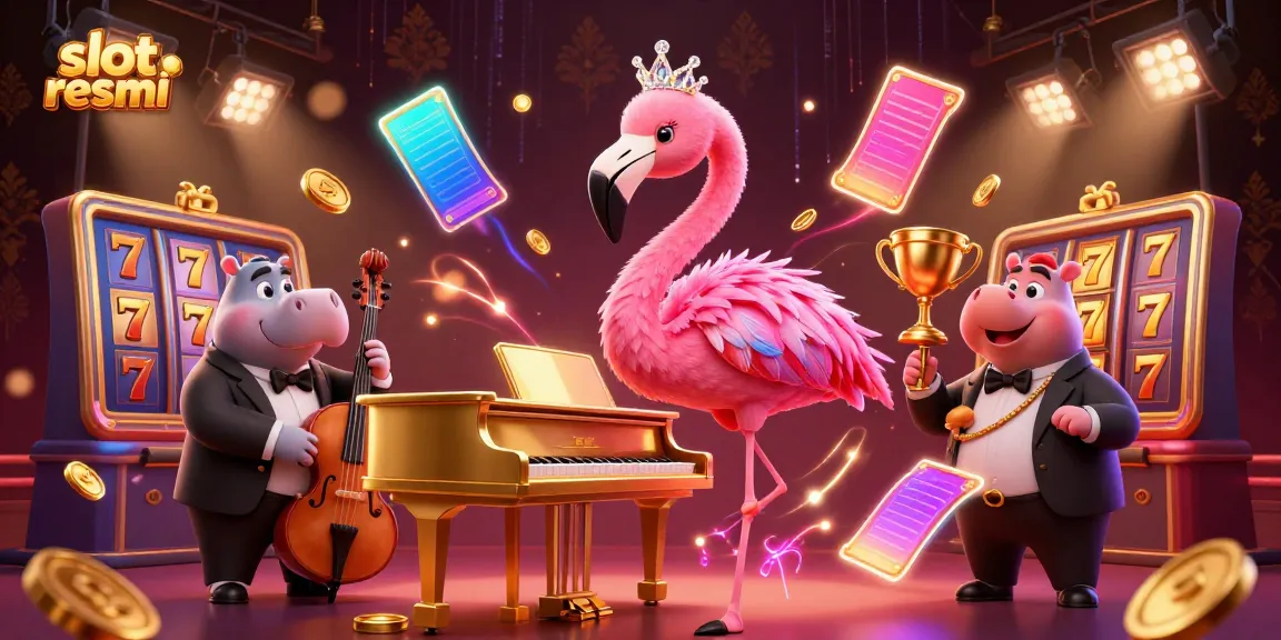 Spin classic slots at slot resmi, with vibrant flamingo singer and hippo bassist in a lively casino scene.
