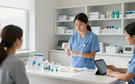 Medical supplies Mississauga showcased in a bright clinical room with a nurse preparing essentials for patient care.
